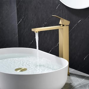 Single Handle Vessel Sink Faucet with Pop-Up Drain, Tall Single Hole Bathroom Faucet in Brushed Gold