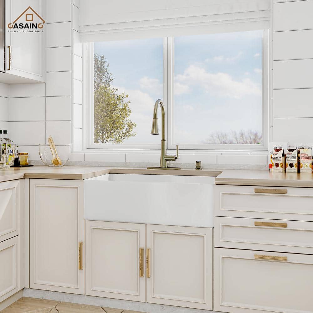 30'' White Fireclay Single Bowl Farmhouse Kitchen Sink with Faucet
