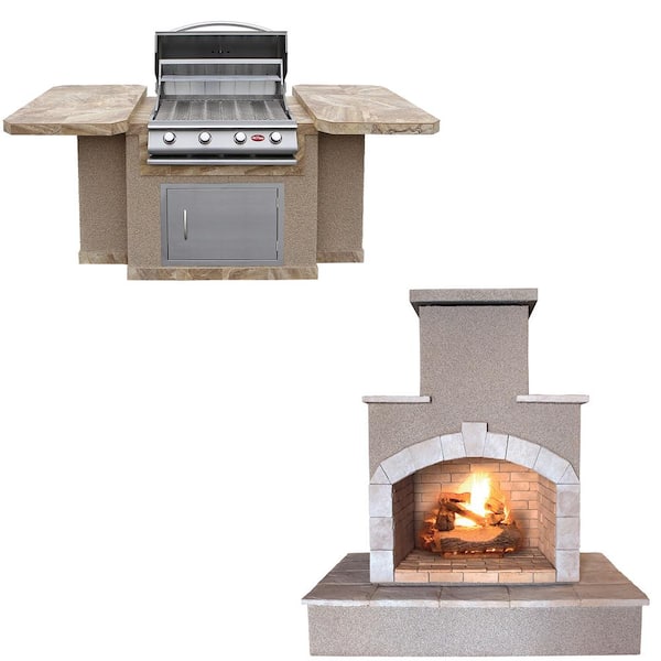 Cal Flame 4-Burner Stainless Steel Propane Grill Island with 27 in. Access Door and Fireplace
