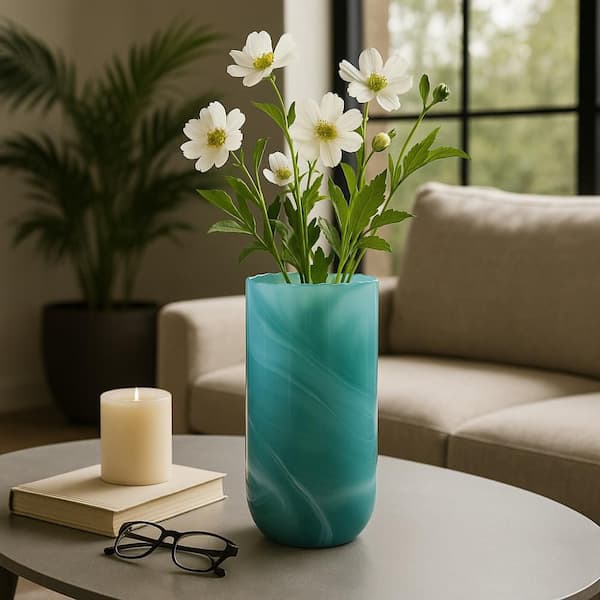 14.25 in. Blue Turquoise Glass Large Cylinder Swirled Pattern Decorative Vase
