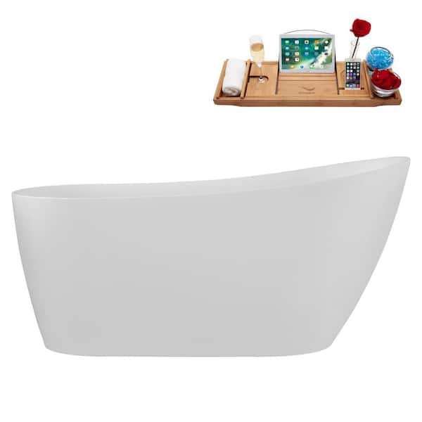 59 in. x 28 in. Acrylic Freestanding Soaking Bathtub in Glossy White with Glossy White Drain, Bamboo Tray