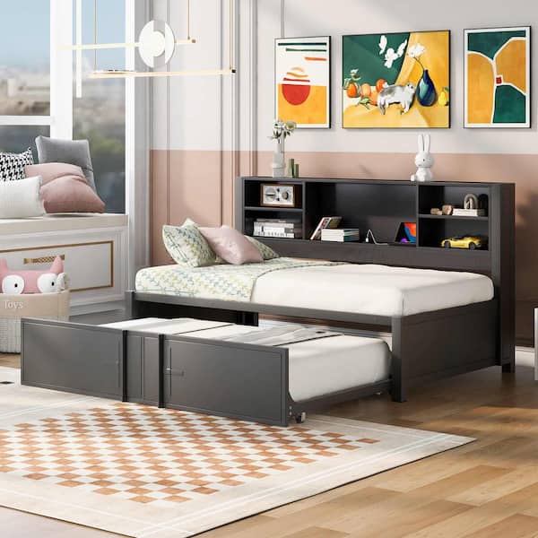 Polibi Black Metal Twin Size Daybed with Twin Size Trundle, Storage Shelves and USB Ports