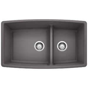 PERFORMA 33 in. Undermount Double Bowl Cinder Granite Composite Kitchen Sink