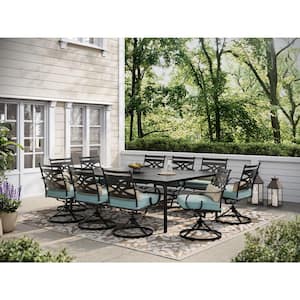 Montclair 11-Piece Steel Outdoor Dining Set with Ocean Blue Cushions, 10 Swivel Rockers and 60 in. x 84 in. Table