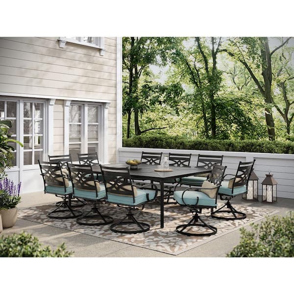 Hanover Montclair 11 Piece Steel Outdoor Dining Set with Ocean Blue Cushions 10 Swivel Rockers and 60 in. x 84 in. Table MCLRDN11PCSW10 BLU The Home Depot