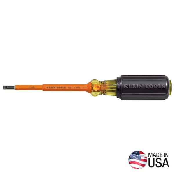 Klein Tools 3/16 in. Cabinet-Tip Flat Head Insulated Screwdriver with 4 in. Round Shank- Cushion Grip Handle