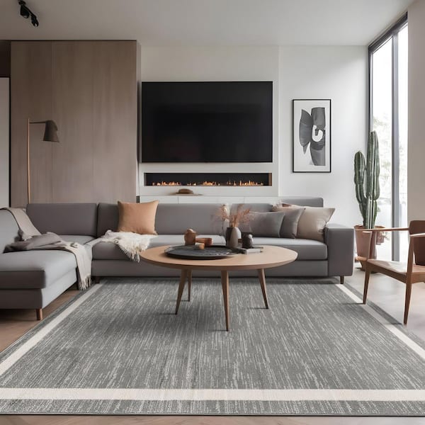 Aura Gray 5 ft. x 7 ft. Rubber Back Washable Modern Bordered Indoor Outdoor Area Rug