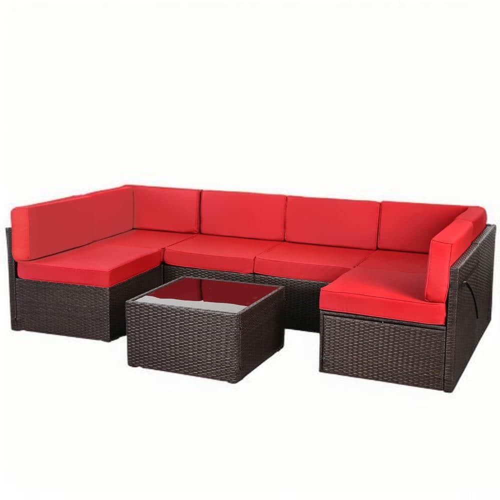 7-Piece Wicker Outdoor Sectional Set with Red Cushions, Patio Furniture Set, Outdoor Sofa Set price history on PriceWatchPro
