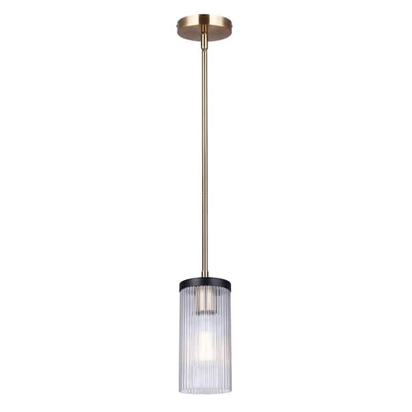 CANARM Jenner 60-Watt 1-Light Matte Black and Gold Mid Century Modern Pendant with Clear Glass Shade