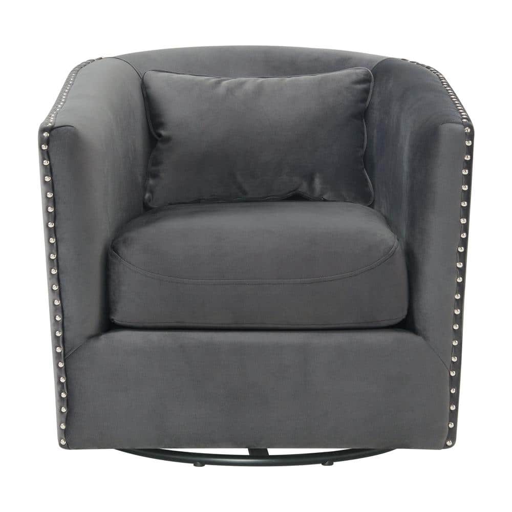 Gray Velvet Barrel Swivel Chair with Chrome Nail Head Trim
