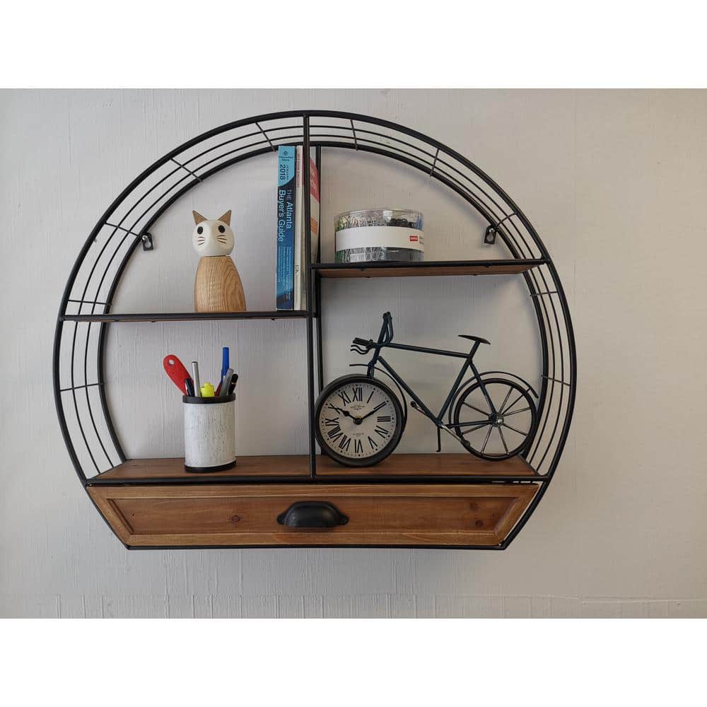 Black Iron and Wood 4-Tier Floating Wall Shelf