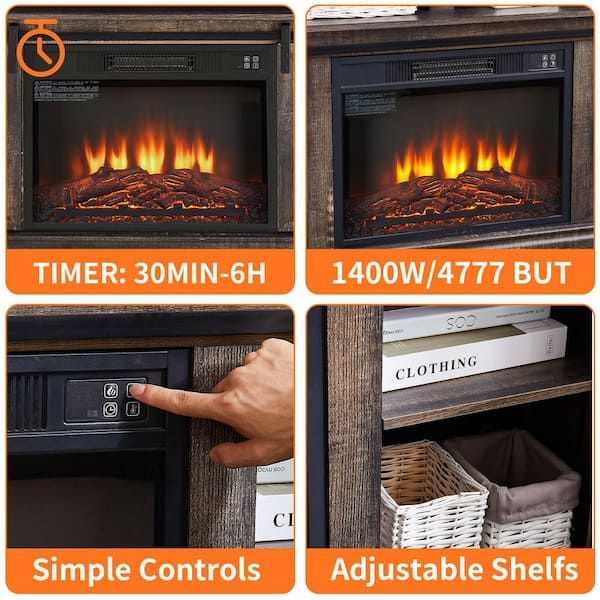 58 in. TV Stand with 23 in. Electric Fireplace Insert,Antique Brown, Fits TVs up to 65 in.,Ample Storage,Timer Settings