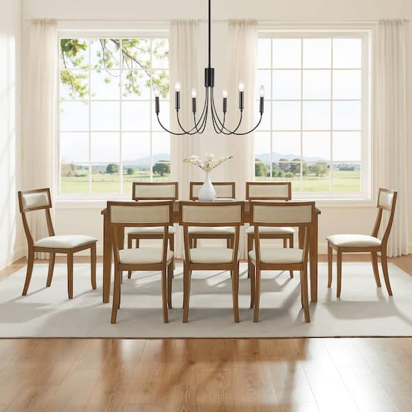 Alessia Brown 9-PC Dining Set with Creme Linen Chairs