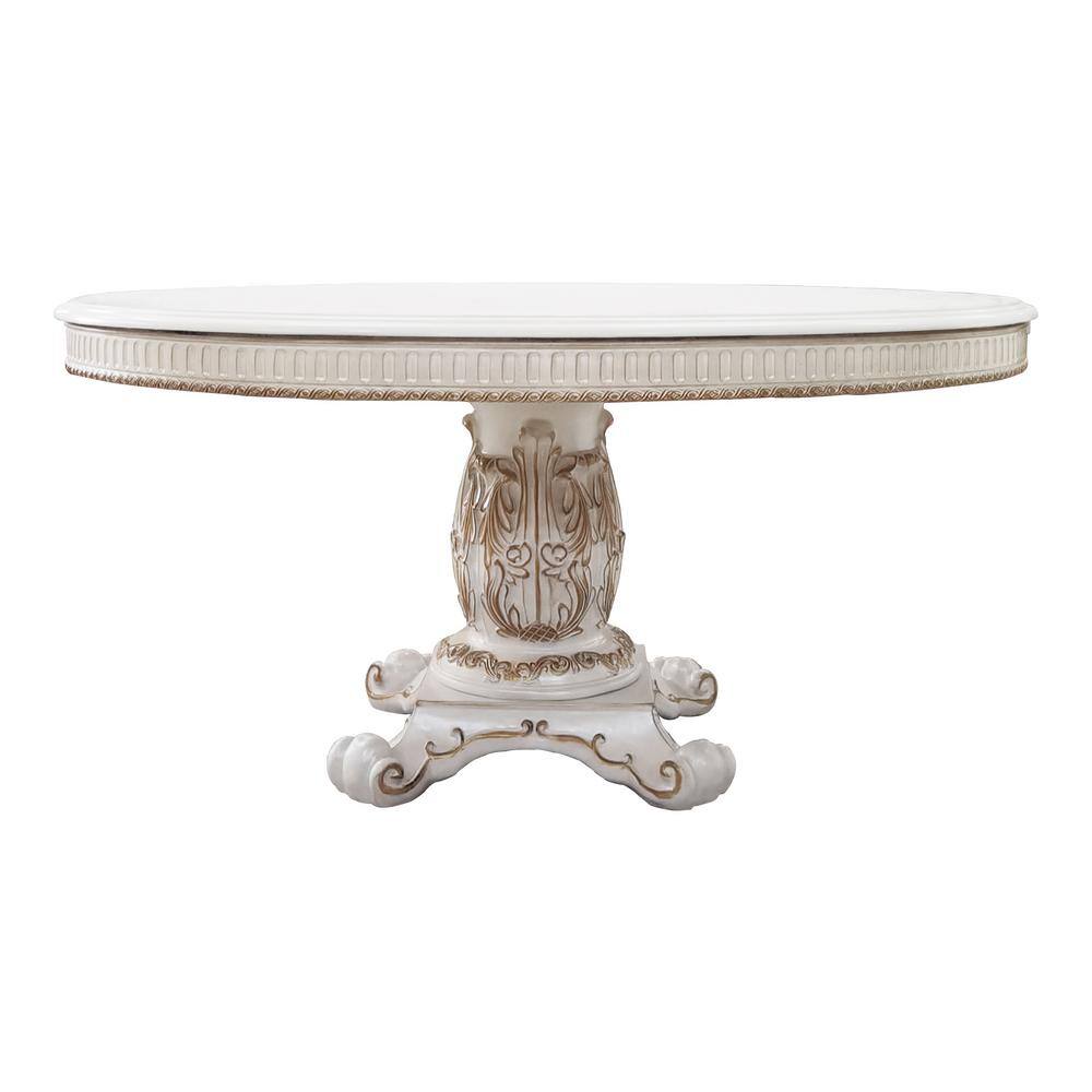 Antique Pearl Finish Round Wooden Dining Table with Pedestal Base
