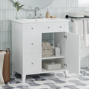 30 in. W Single Sinks Freestanding Bath Vanity in White with White Ceramic Top and Double-Layer Drawer