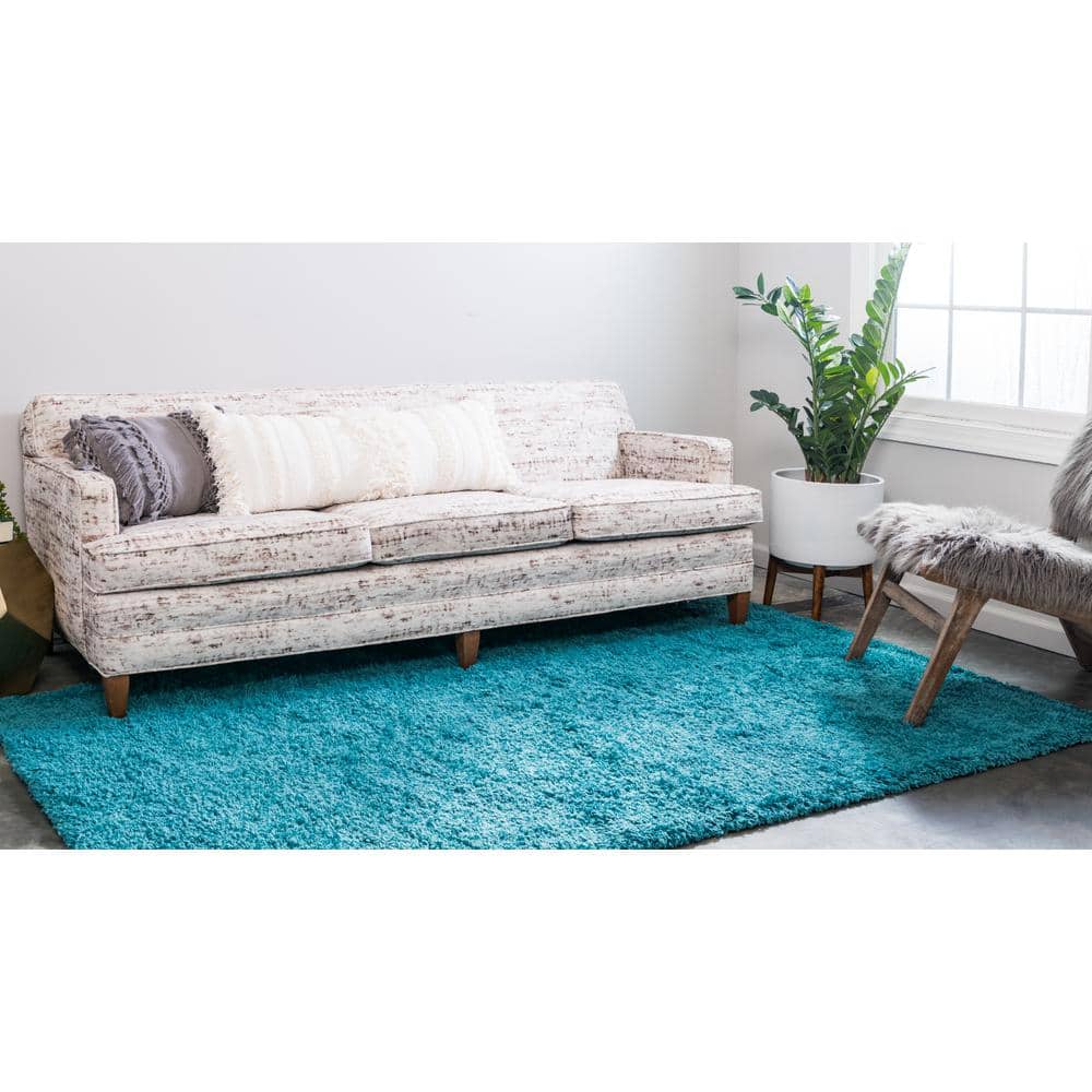 Reversible Deep Aqua Blue Shag Rug 3' 3" x 5' 3" Synthetic Rectangle