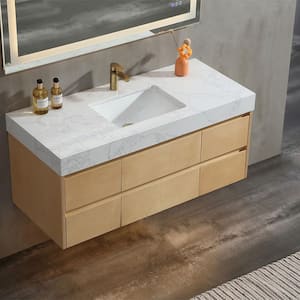 48 in. W X 20.8 in. D X 21.2 in. H Floating Bathroom Vanity in Natural wood solid/White Marble Countertop and Lights