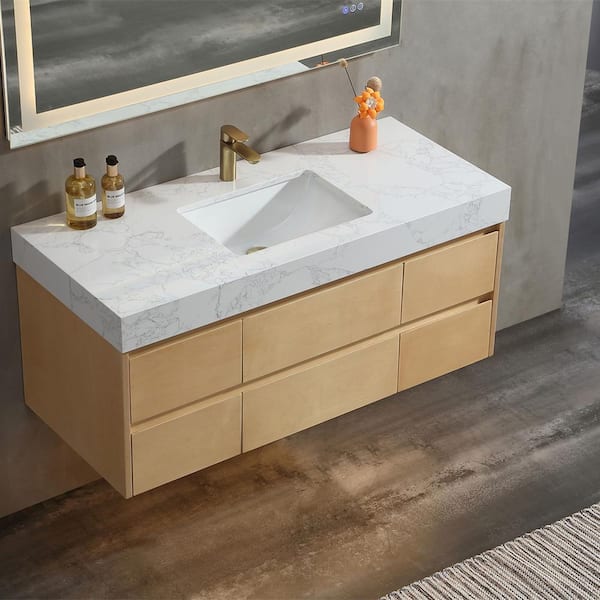 Lonni 48 in. W X 20.8 in. D X 21.2 in. H Floating Bathroom Vanity in Natural wood solid/White Marble Countertop and Lights