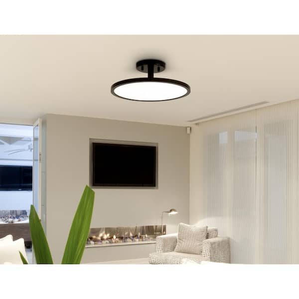 13 in. Matte Black Adjustable CCT Integrated LED Mini Pendant Semi-Flush Mount Light with White Acrylic Shade