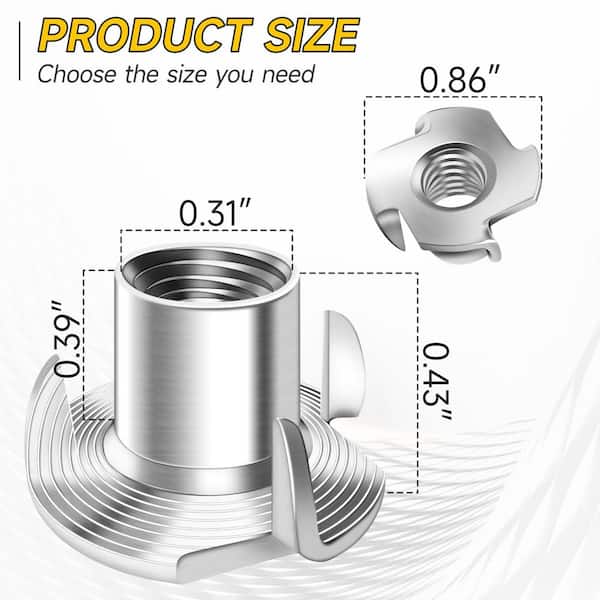 3/8 in. - 16 304-Stainless Steel T-Nuts for Woodworking, Furniture and Caster Wheels, 4-Jaw Tee Nuts (50-Pack)