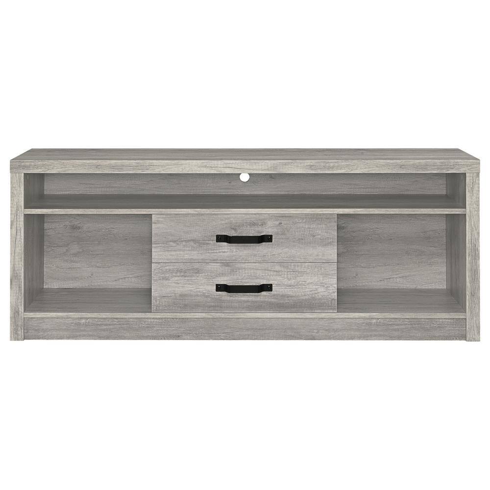 Modern Driftwood Gray TV Console with 2 Drawers and Open Shelving