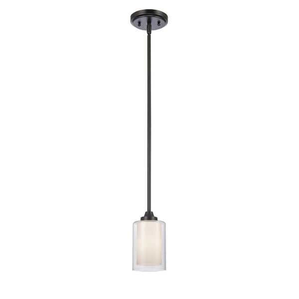 Fairbank 1-Light Matte Black Shaded Pendant Light with White and Clear Glass Shade