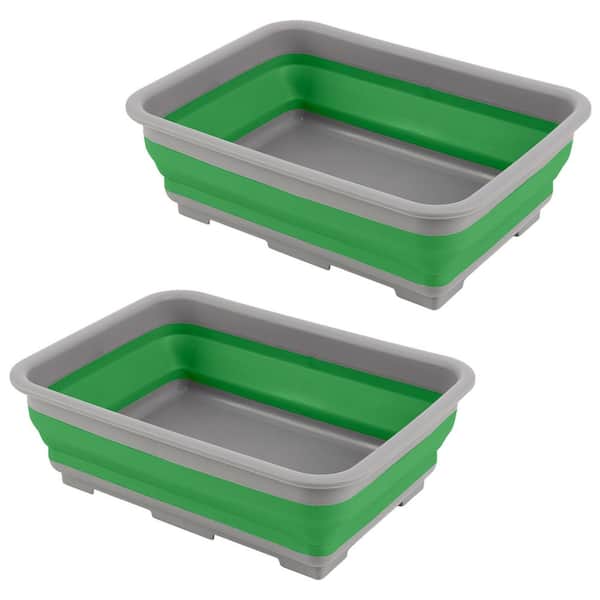 Green Multi-Purpose Plastic Rectangle Wash Bins 7.27 L Collapsible Bucket for Camping, Cleaning, Laundry (Set of 2)
