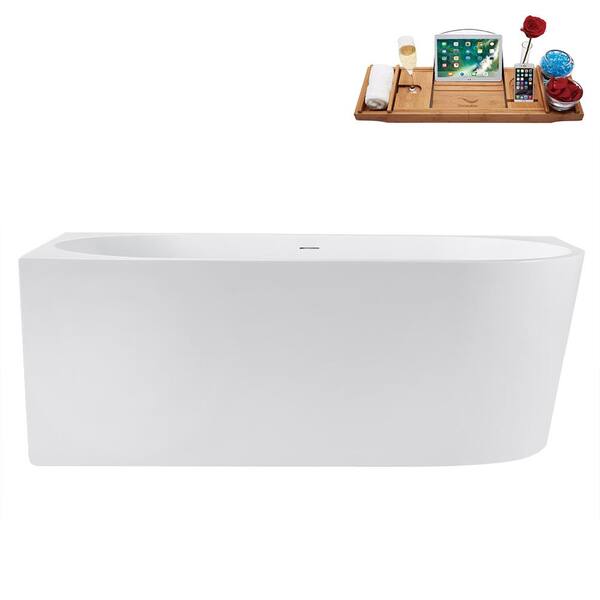Streamline 63 in. x 32 in. Acrylic Freestanding Soaking Bathtub in Glossy White with Glossy White Drain, Bamboo Tray