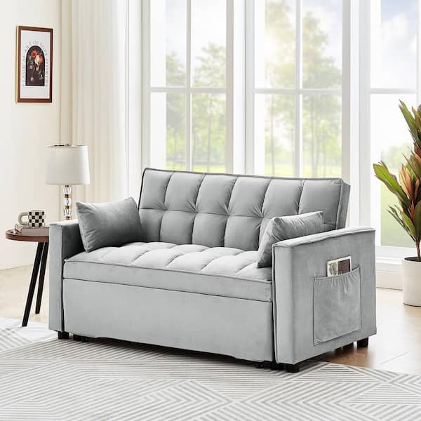 55 2 In Grey Twin 3 1 Velvet Convertible Sleeper Sofa Bed Couch W Pull Out Loveseat With Pillows Side Pocket Xs W1825104040 The