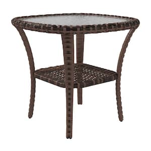 Steel Rattan Coffee End Table with Storage Shelf Wicker Tempered Glass Top Outdoor for Garden and Backyard Accent Decor