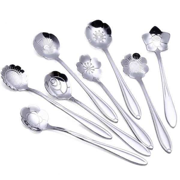 4-Piece Stainless Steel Long Handle Floral Dessert and Cocktail Stirring Spoon Set Specialty Flatware