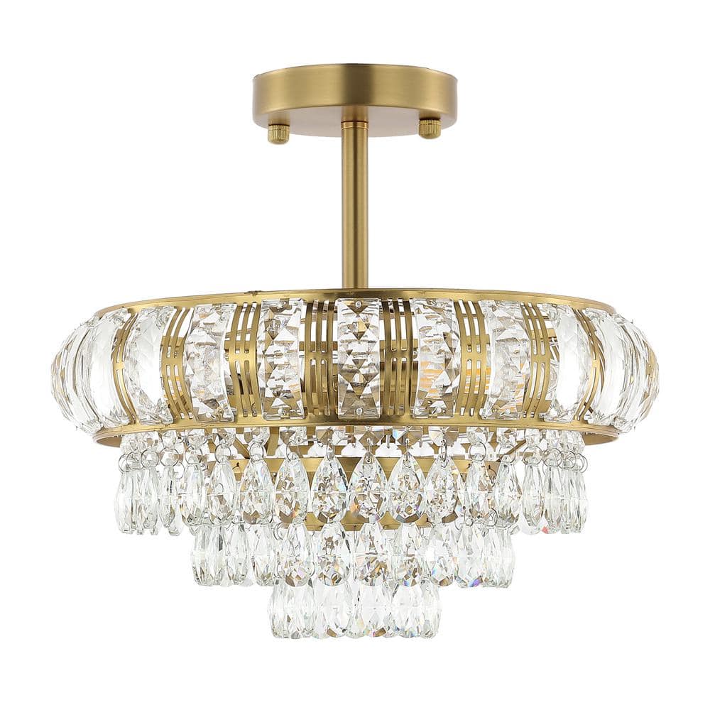 Gold Beaded Crystal 3-Light Semi Flush Mount Chandelier