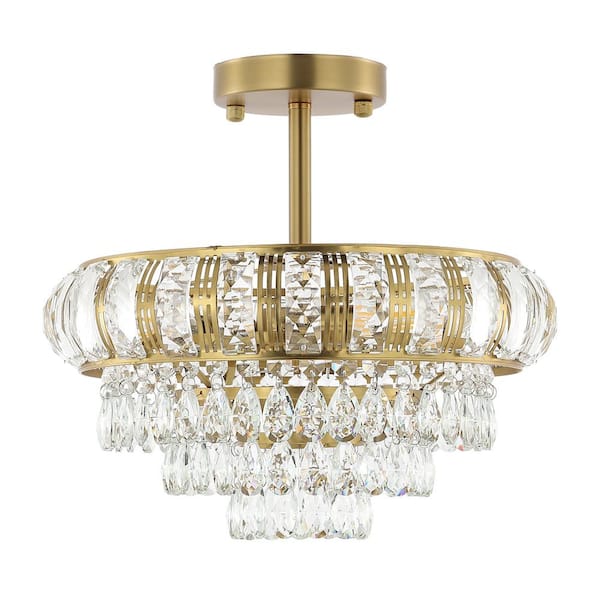 MLiAN 11.6 in. 3-Light Gold Glam Crystal Semi-Flush Mount Chandelier