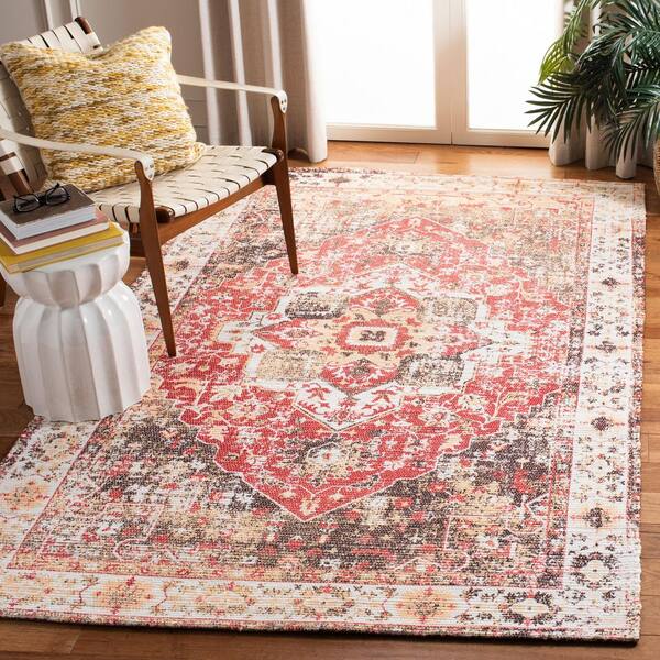 Saffron 5 ft. x 8 ft. Ivory/Red Ornate Distressed Medallion Area Rug