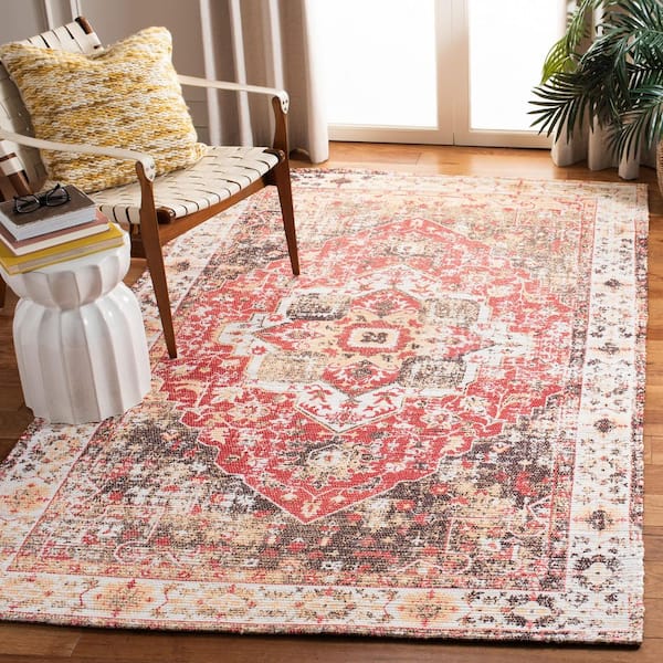 Saffron 6 ft. x 6 ft. Ivory/Red Ornate Distressed Medallion Square Area Rug