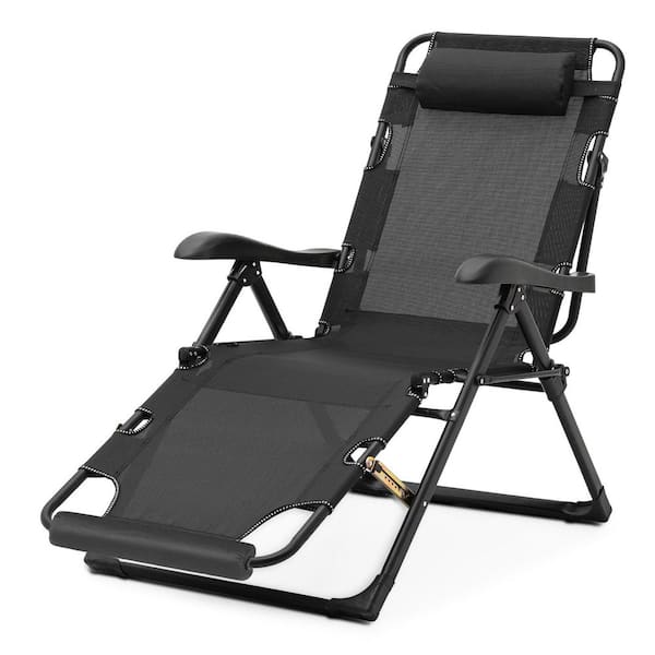 Patio Lounge Chair Adjustable Foldable Lawn Chair with Headrest and Foot Pad Metal Outdoor Recliner with Black Cushions
