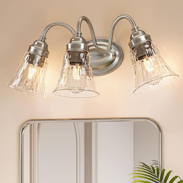 19.3 in. 3-Light Brushed Nickel Bathroom Vanity Light with Clear Glass Shade, No Bulbs Included
