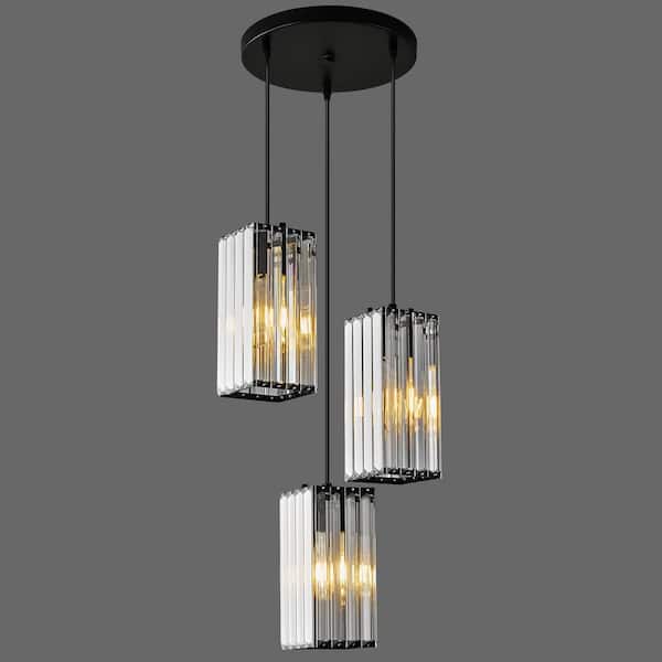 Home Lighting 3-Light Black Mini Crystal Rectangle Pendant Lighting Adjustable Pendant Light Fixture for Kitchen Island