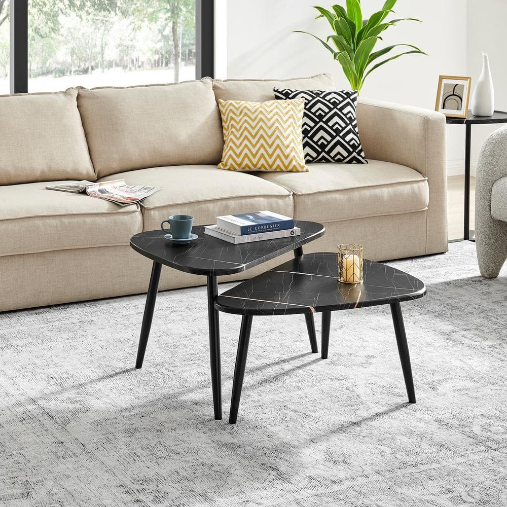 Aurora Black Marble and Metal Oval Semi-Nested Coffee Table Set