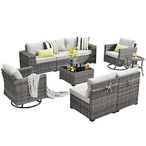 Howell 9-Piece Wicker Outdoor Furniture Patio Conversation Sofa Set with Swivel Rocking Chairs and Beige Cushions