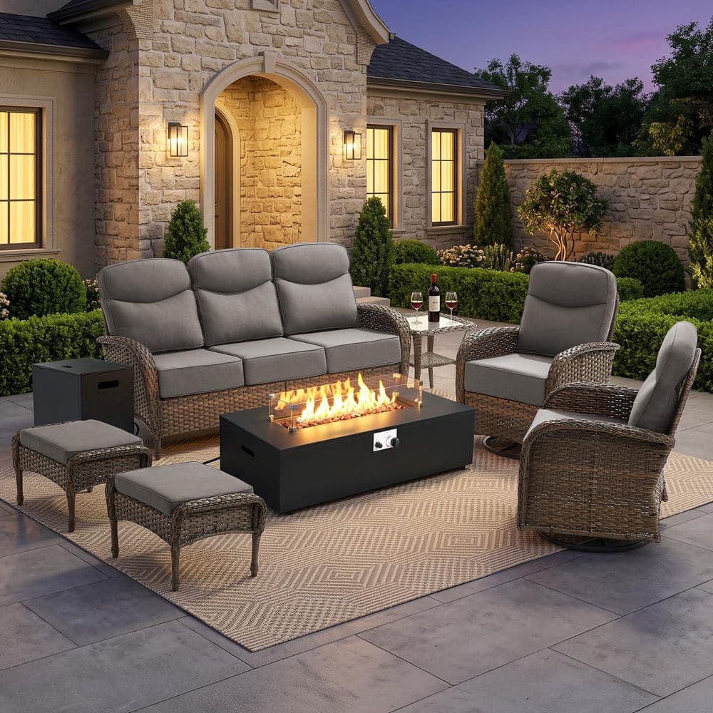 Goyal Brown 7-Piece Patio Conversation Set with 6 in. Gray Cushions, Swivel Glider Chairs and Propane Fire Pit Table price history on PriceWatchPro