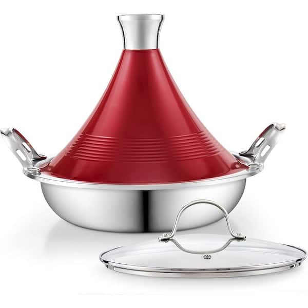3.6 qt. 11 in. Multi-Ply Clad Stainless Steel Moroccan Tagine Pot with Dual Handles w/Conical Die-Cast Aluminum and Lid
