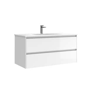 Perla 40 in. W x 18.1 in. D x 19.5 in. H Single Sink Wall Mounted Bath Vanity in Gloss White with White Ceramic Top