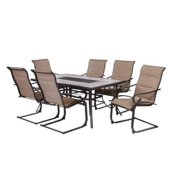 Hampton Bay Crestridge 7-Piece Steel Padded Sling Outdoor Patio Dining Set in Putty Taupe