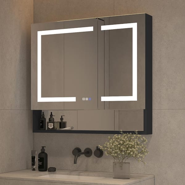 HBEZON Mnemosyne 36 in. W x 32 in. H Rectangular Black Aluminum LED Stepless Dimming Defog Medicine Cabinet with Mirror