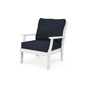 Braxton White Stationary Plastic Patio Outdoor Deep Seating Lounge Chair with Dark Blue Cushions