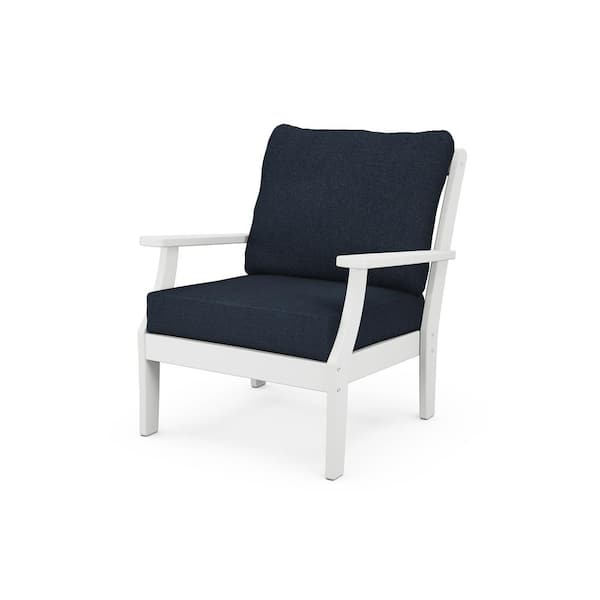 POLYWOOD Braxton White Stationary Plastic Patio Outdoor Deep Seating Lounge Chair with Dark Blue Cushions