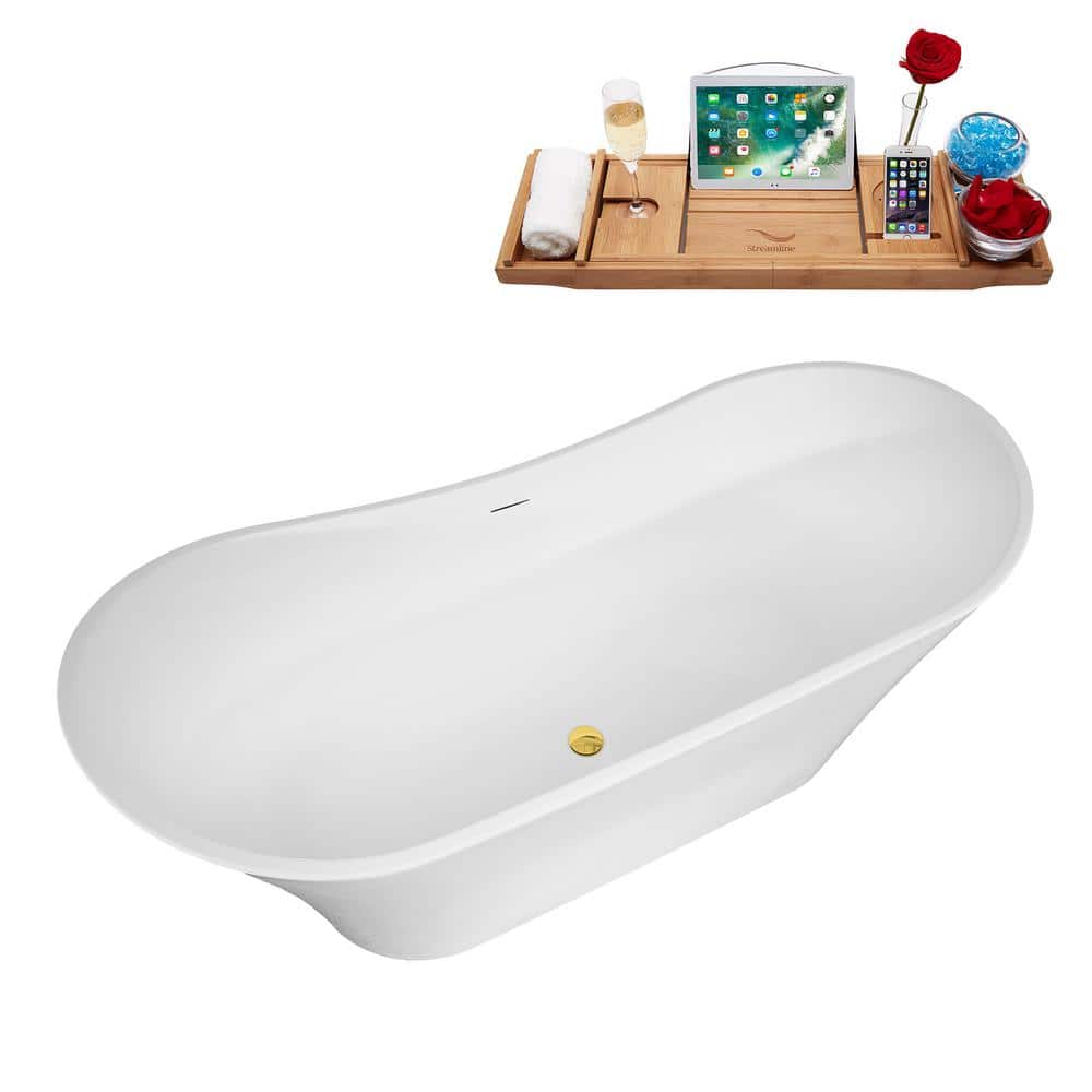 67" Glossy White Acrylic Freestanding Double Slipper Bathtub with Polished Gold Trim