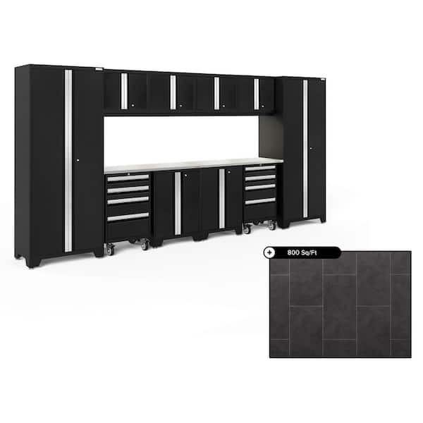 NewAge Products Bold Series 156 in. W x 76.75 in. H x 18 in. D Steel Cabinet Set in Black ( 12- Piece ) with 800 sqft Flooring Bundle
