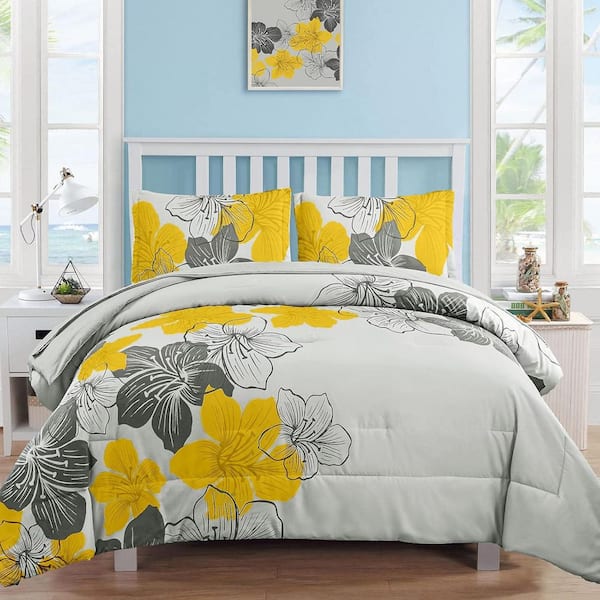 Floral 7-Piece Yellow Soft Microfiber King Comforter Set Bed in a Bag for All Seasons 104 in. x 90 in.